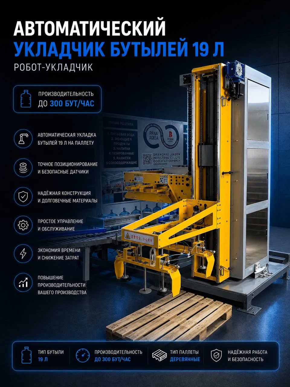 Автоматический робот-укладчик бутылей 19 л на паллету